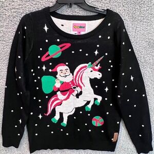 Tipsy Elves Santa Unicorn Ugly Christmas Sweater Women's M Black Space